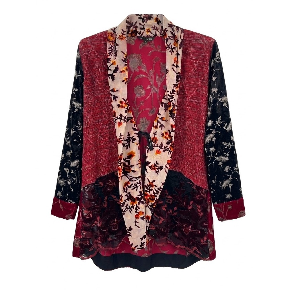 John Mark Womens Red Floral Patchwork Burnout Velvet Open Front Kimono Jacket S